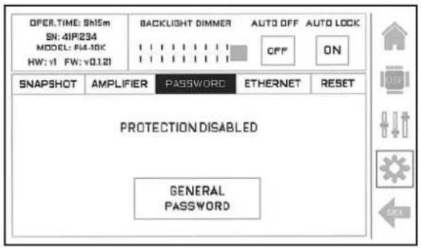 OPER. TIME: 0h15m SN: 4IP/234 MODEL: FI4-10K HW: v1 FW: v0.121 BACKLIGHT DIMMER AUTO OFF AUTO LOCK OFF ON SNAPSHOT AMPLIFIER PASSWORD ETHERNET RESET PROTECTION DISABLED GENERAL PASSWORD
