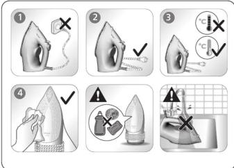 Illustrated guide showing four steps to correct using a hairdryer, with checkmarks and warning symbols indicating correct and incorrect actions.