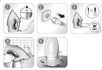 Illustration showing five-step cleaning or installation procedure steps with labeled diagrams and icons