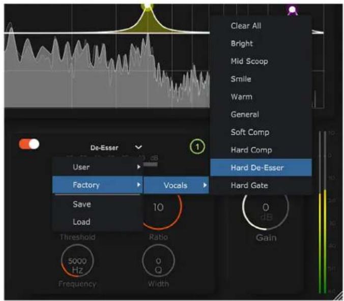 Clear All Bright Mid Scoop Smile Warm General Soft Comp Hard Comp Hard De-Esser Hard Gate De-Esser User Factory Vocals Save Load Threshold 5000 Hz Frequency Ratio 0 Q Width Gain