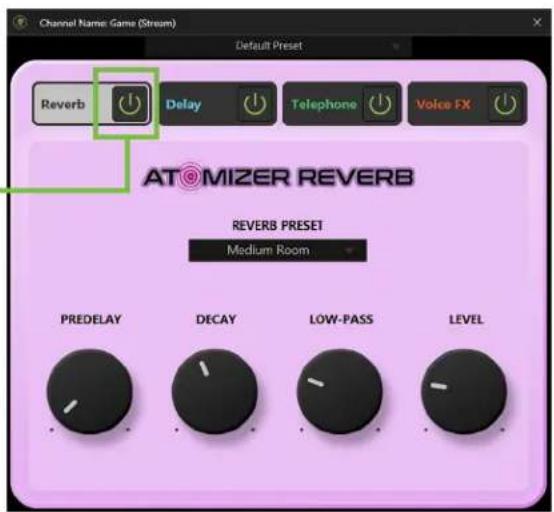 Channel Name Game (Stream) Default Preset Reverb Delay Telephone Voice FX ATOMIZER REVERB REVERB PRESET Medium Room PREDELAY DECAY LOW-PASS LEVEL