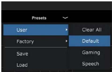 Presets User Factory Save Load Clear All Default Gaming Speech