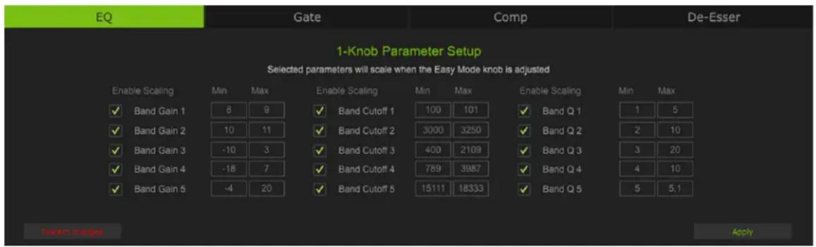 EQ Gate Comp De-Esser 1-Knob Parameter Setup Selected parameters will scale when the Easy Mode knob is adjusted Enable Scaling Min Max Enable Scaling Min Max Enable Scaling Min Max ✓ Band Gain 1 8 9 ✓ Band Cutoff 1 100 101 ✓ Band Q 1 1 5 ✓ Band Gain 2 10 11 ✓ Band Cutoff 2 3000 3250 ✓ Band Q 2 2 10 ✓ Band Gain 3 -10 3 ✓ Band Cutoff 3 400 2109 ✓ Band Q 3 3 20 ✓ Band Gain 4 -18 7 ✓ Band Cutoff 4 789 3987 ✓ Band Q 4 4 10 ✓ Band Gain 5 -4 20 ✓ Band Cutoff 5 15111 18333 ✓ Band Q 5 5 5.1 Decart changes Apply
