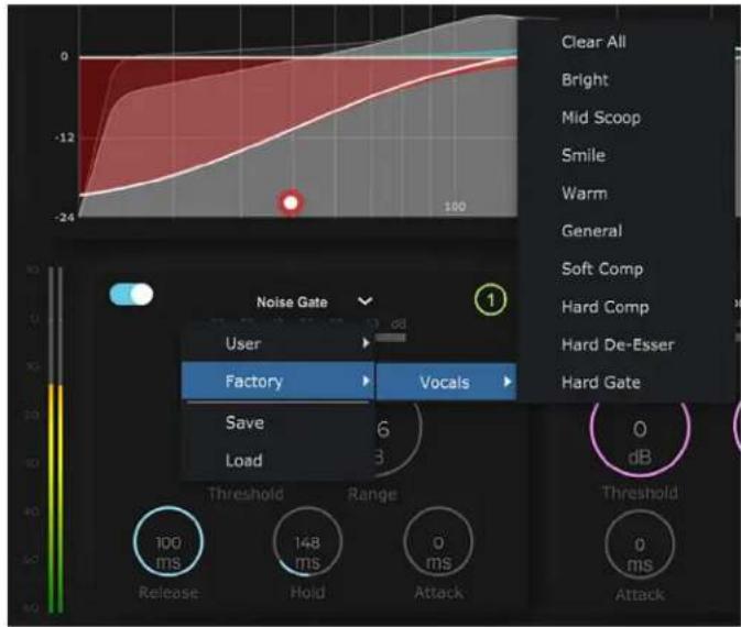 Clear All Bright Mid Scoop Smile Warm General Soft Comp Hard Comp Hard De-Esser Hard Gate Noise Gate User Factory Vocals Save Load 6 3 Threshold Range 100 ms Release 148 ms Hold 0 ms Attack 0 dB 0 ms Attack