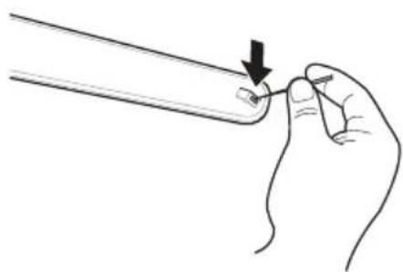Illustration of a hand holding a pen with a downward arrow indicating force or point (no text or symbols).