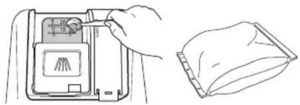 Illustration of a hand inserting a component into a device with a cloth, next to a folded garment (no text or symbols).