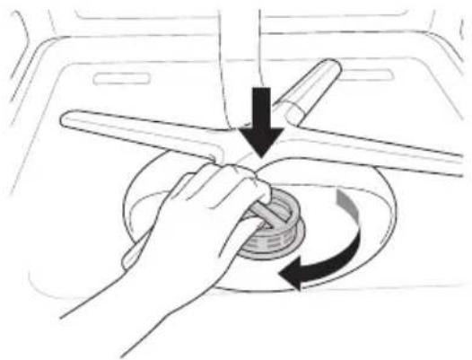 Illustration of hands holding a mechanical component with directional arrows indicating rotation (no text or symbols)