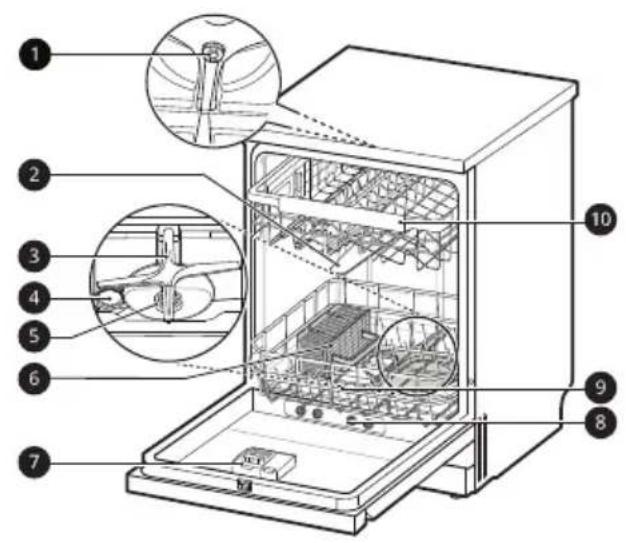 Technical diagram of an open refrigerator with numbered parts for identification and assembly reference.