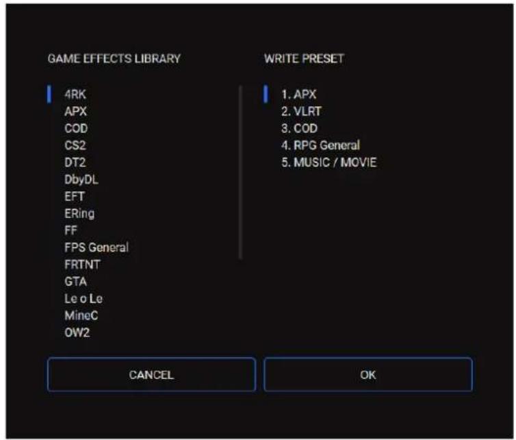 GAME EFFECTS LIBRARY 4RK APX COD CS2 DT2 DbyDL EFT ERing FF FPS General FRTNT GTA Le o Le MineC OW2 WRITE PRESET 1. APX 2. VLRT 3. COD 4. RPG General 5. MUSIC / MOVIE CANCEL OK