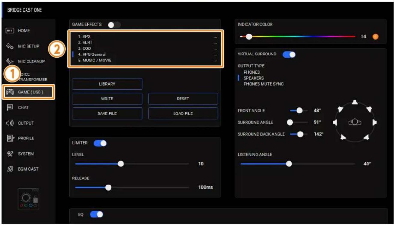 BRIDGE CAST ONE HOME MIC SETUP MIC CLEANUP VOICE TRANSFORMER GAME (USE) CHAT OUTPUT PROFILE SYSTEM BGM CAST GAME EFFECTS 1. APX 2. VLRT 3. COD 4. RPG General 5. MUSIC / MOVIE LIBRARY WRITE RESET SAVE FILE LOAD FILE LIMITER LEVEL 10 RELEASE 100ms EQ INDICATOR COLOR 14 VIRTUAL SURROUND OUTPUT TYPE PHO…