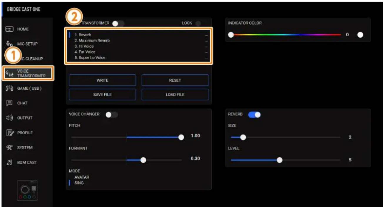BRIDGE CAST ONE HOME MIC SETUP MAC CLEANUP VOICE TRANSFORMER 1. Reverb 2. Maximum Reverb 3. Hi Voice 4. Fat Voice 5. Super Lo Voice INDICATOR COLOR 0 WRITE RESET SAVE FILE LOAD FILE VOICE CHANGER PITCH 1.00 FORMANT 0.30 MODE AVATAR SING REVERB SIZE 2 LEVEL 5