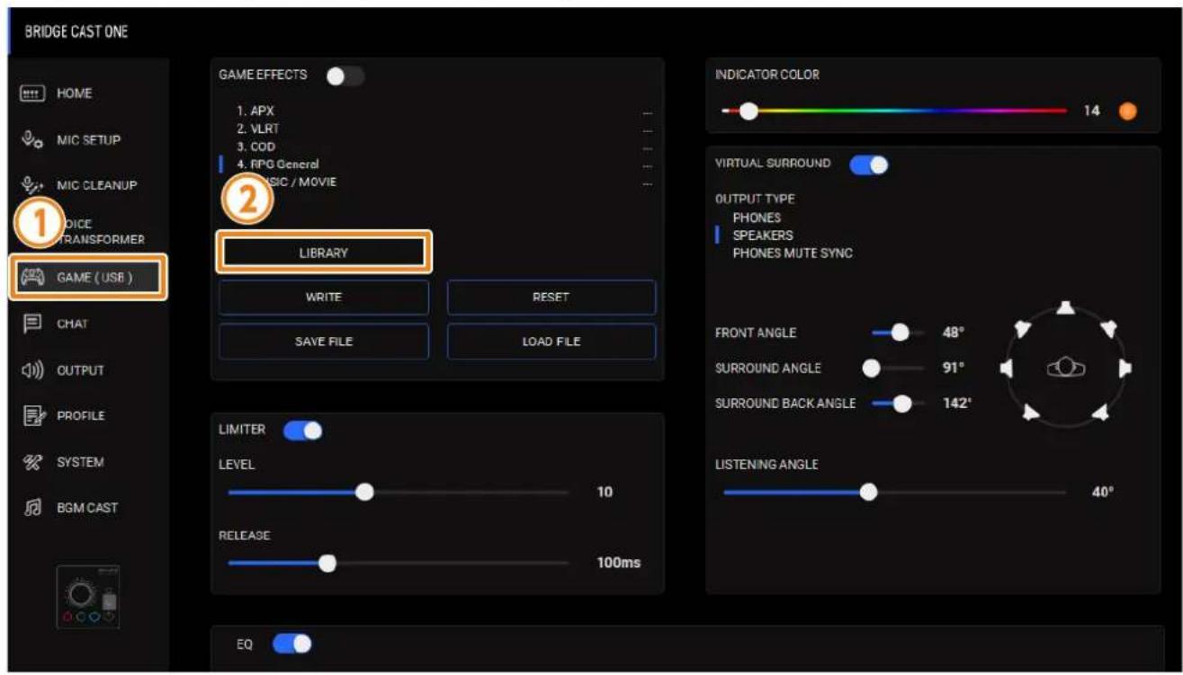 BRIDGE CAST ONE HOME MIC SETUP MIC CLEANUP VOICE TRANSFORMER GAME (USB) GAME EFFECTS 1. APX 2. VLRT 3. COD 4. RPG General MUSIC / MOVIE 2 LIBRARY WRITE RESET SAVE FILE LOAD FILE CHAT OUTPUT PROFILE SYSTEM BGM CAST LIMITER LEVEL 10 RELEASE 100ms EQ INDICATOR COLOR 14 VIRTUAL SURROUND OUTPUT TYPE PHON…