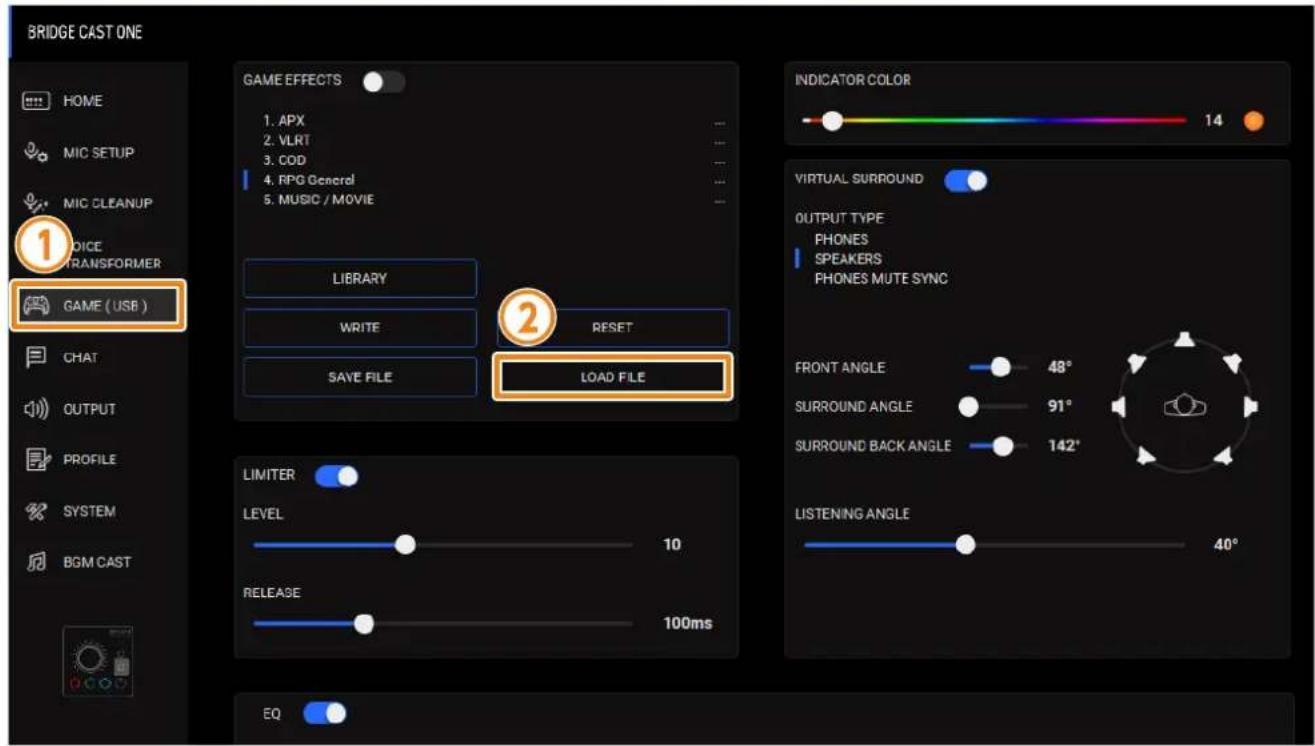 BRIDGE CAST ONE HOME MIC SETUP MIC CLEANUP VOICE TRANSFORMER GAME (USB) GAME EFFECTS 1. APX 2. VLRT 3. COD 4. RPG General 5. MUSIC / MOVIE LIBRARY WRITE RESET SAVE FILE LOAD FILE INDICATOR COLOR 14 VIRTUAL SURROUND OUTPUT TYPE PHONES SPEAKERS PHONES MUTE SYNC FRONT ANGLE 48° SURROUND ANGLE 91° SURRO…