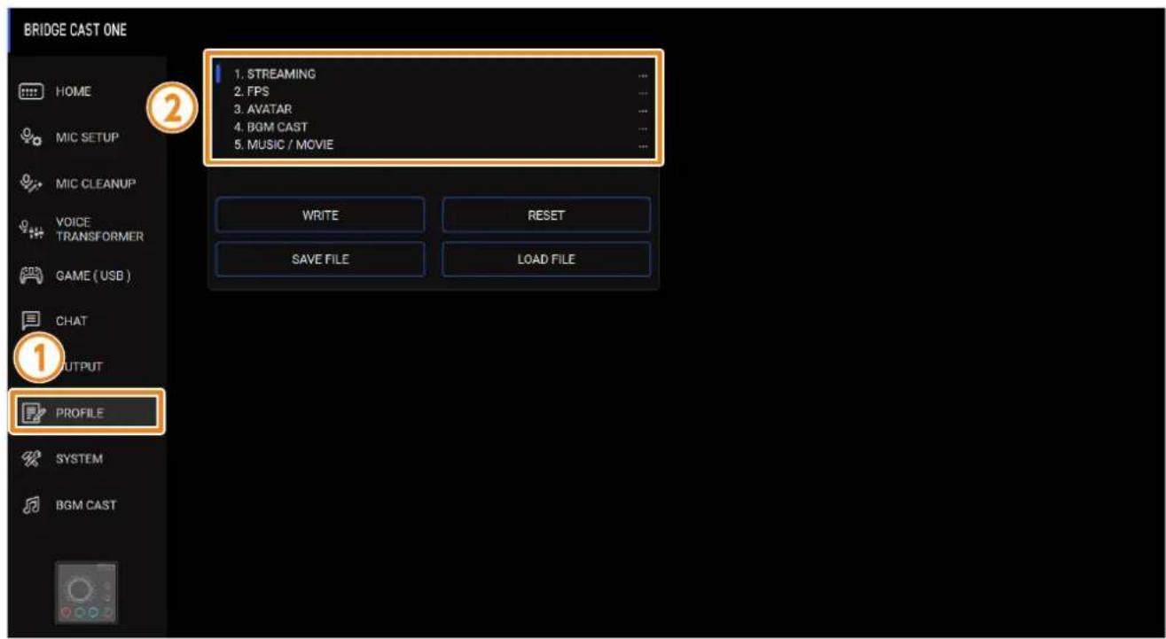 BRIDGE CAST ONE HOME MIC SETUP MIC CLEANUP VOICE TRANSFORMER GAME (USB ) CHAT OUTPUT PROFILE SYSTEM BGM CAST 1. STREAMING 2. FPS 3. AVATAR 4. BGM CAST 5. MUSIC / MOVIE WRITE RESET SAVE FILE LOAD FILE