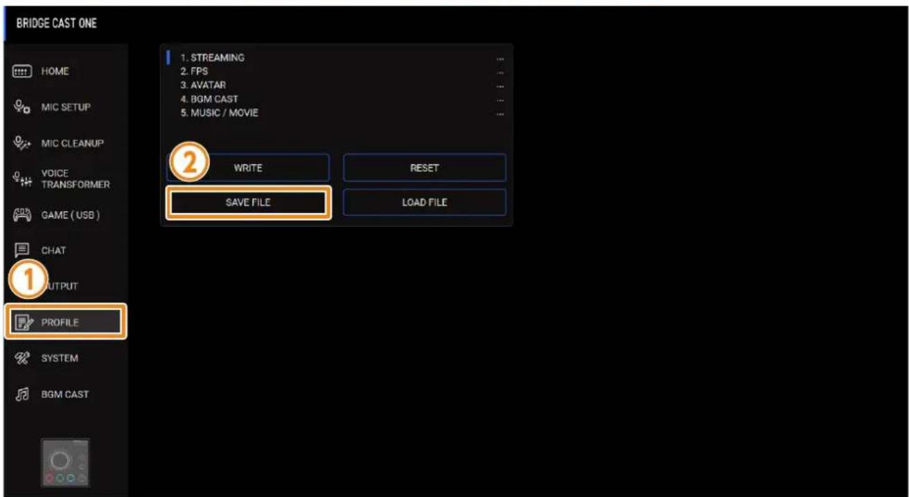 BRIDGE CAST ONE HOME MIC SETUP MIC CLEANUP VOICE TRANSFORMER GAME ( USB ) CHAT OUTPUT PROFILE SYSTEM BGM CAST 1. STREAMING 2. FPS 3. AVATAR 4. BGM CAST 5. MUSIC / MOVIE 2 WRITE RESET SAVE FILE LOAD FILE