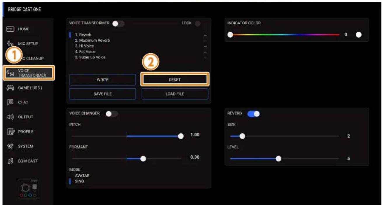 BRIDGE CAST ONE HOME MIC SETUP MIC CLEANUP VOICE TRANSFORMER GAME (USB ) CHAT OUTPUT PROFILE SYSTEM BGM CAST VOICE TRANSFORMER 1. Reverb 2. Maximum Reverb 3. Hi Voice 4. Fat Voice 5. Super Lo Voice WRITE RESET SAVE FILE LOAD FILE INDICATOR COLOR 0 VOICE CHANGER PITCH 1.00 FORMANT 0.30 MODE AVATAR SI…