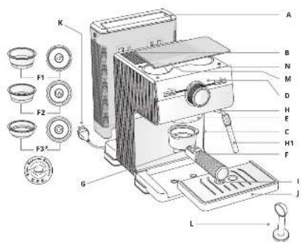 Labeled diagram of a coffee maker with parts numbered A through K, showing an exploded view and component layout.