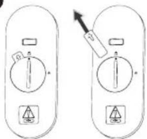 Diagram showing two remote control switches with labeled buttons and a warning symbol