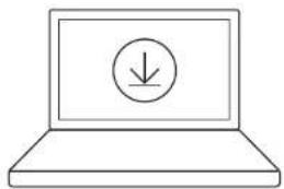 Line drawing of a laptop with a download icon on the screen (no text or symbols)