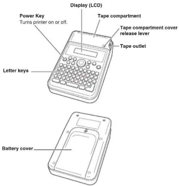 Power Key Turns printer on or off. Display (LCD) Tape compartment Tape compartment cover release lever Tape outlet Letter keys Battery cover