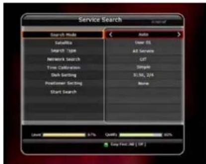 Service Search Search Mode Database Search Type Network Search Time Calibration Check Setting Positioner Setting Start Search Audio User 01 All Service CIF Simple 31.96, 2/4 None User: 5.7% Quality: 80% Easy Find: All [UP]