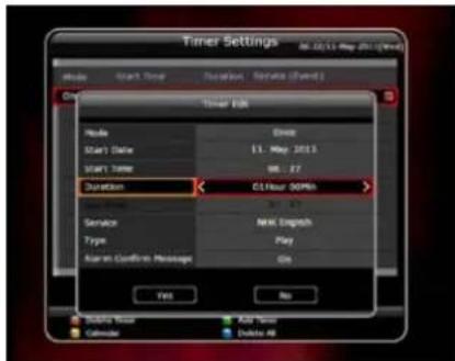 Timer Settings Start Time Duration Service (Event) One Timer F03 Mode Start Date Start Time Duration 61 Hour 00 PM Service Type Begin in Confine Messages OK Yes No Start Time Calendar Add Time Delete 48