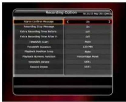 Recording Option Audio Confirm Message Audio Confirm Message Extra Recording Time Before Extra Recording Time After In TimerShift Start TimerShift Duration Playback Position Jump Playback Numbers Function TimerShift Device Record Device On OnT OnT Auto 120 Hz Auto Percentage Rate U891 U891