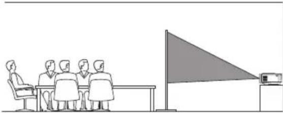 Illustration of a meeting scene with a group of people seated at a table and a large triangular flag on the right (no text or symbols present)