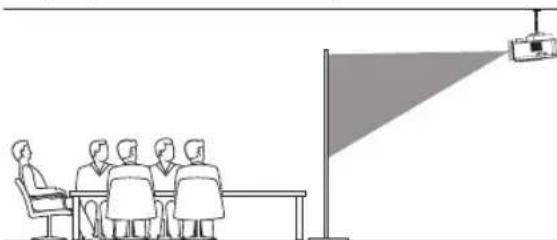 Line drawing of a meeting scene with a projection screen and four seated attendees (no text or symbols)