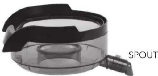 Close-up of a transparent plastic container with black lid and handle, labeled 'SPOUT' on the side (no other text or symbols)