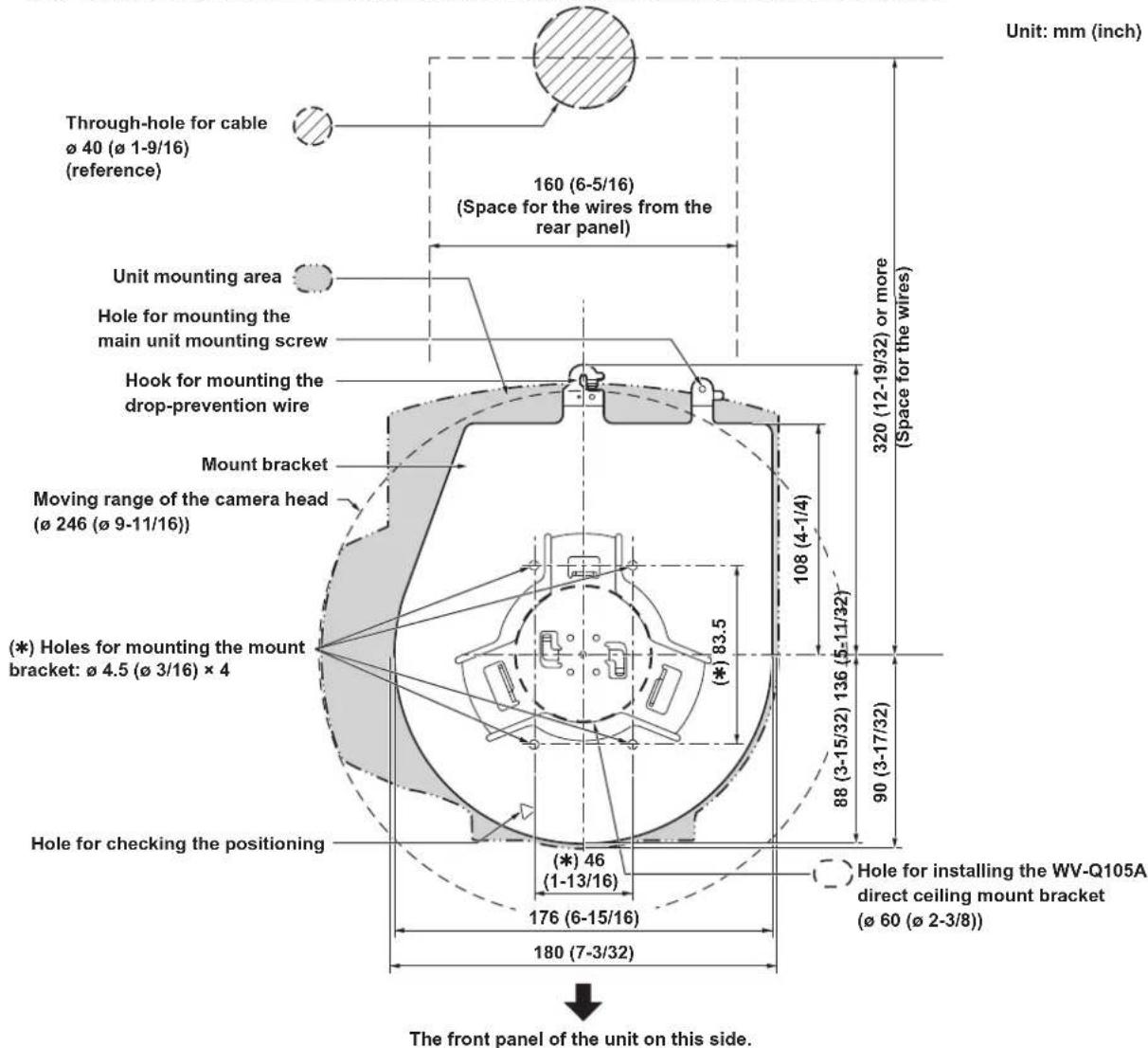 Through-hole for cable Ø 40 (Ø 1-9/16) (reference) 160 (6-5/16) (Space for the wires from the rear panel) Unit mounting area Hole for mounting the main unit mounting screw Hook for mounting the drop-prevention wire Mount bracket Moving range of the camera head (Ø 246 (Ø 9-11/16)) (*) Holes for mount…
