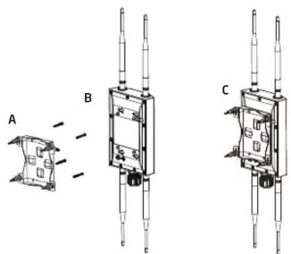 Technical diagram showing three labeled mechanical components (A, B, C) with internal features and alignment indicators.