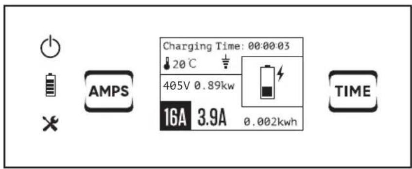 Charging Time: 00:00:03 20°C 405V 0.89kW 16A 3.9A 0.002kWh TIME AMPS