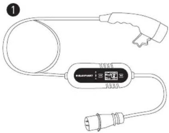 Line drawing of an electric vehicle charging plug with cable and terminal connector (no text or symbols)