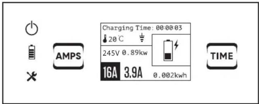 Charging Time: 00:00:03 20°C 245V 0.89kw 16A 3.9A 0.002kwh TIME AMPS