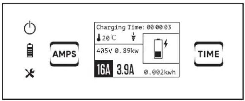 Charging Time: 00:00:03 20°C 405V 0.89kW 16A 3.9A 0.002kWh TIME AMPS