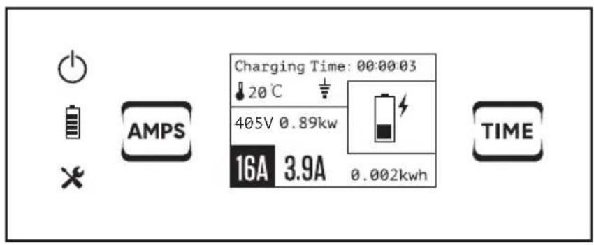 Charging Time: 00:00:03 20°C 405V 0.89kW 16A 3.9A 0.002kWh TIME AMPS
