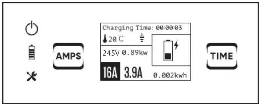Charging Time: 00:00:03 20°C 245V 0.89kW 16A 3.9A 0.002kWh TIME AMPS