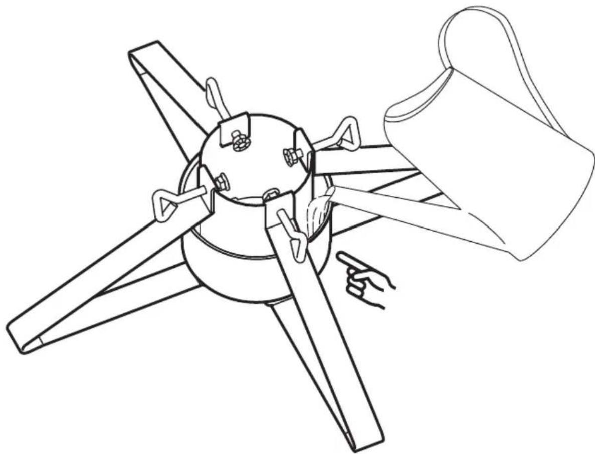 Line drawing of a mechanical fan assembly with a hand pointing to it (no text or symbols)