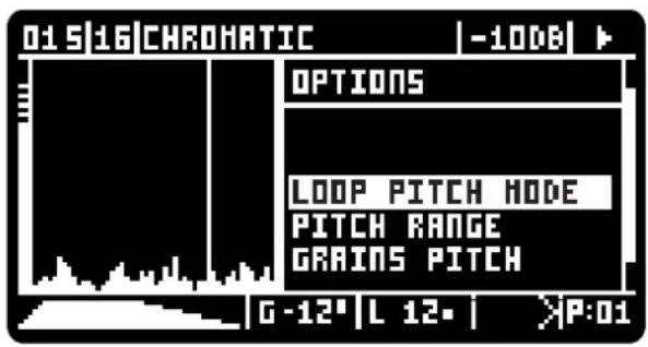 015|16|CHROMATIC -1008 OPTIONS LOOP PITCH MODE PITCH RANGE GRAINS PITCH G -12' | L 12* | >P:01