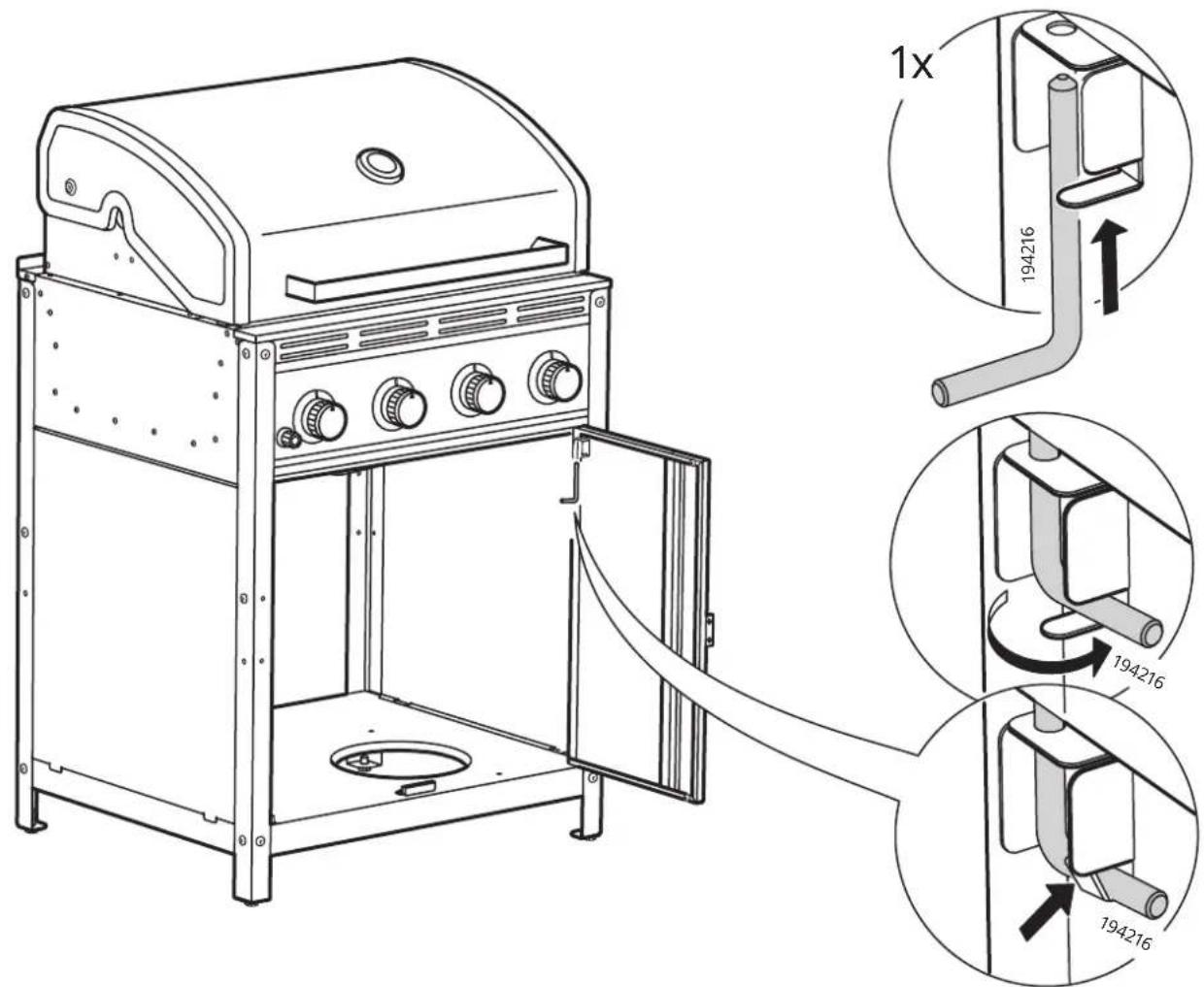 Schéma technique d'un réchaud à gaz portable avec des composants étiquetés et des vues agrandies 1x montrant des changements de structure interne.