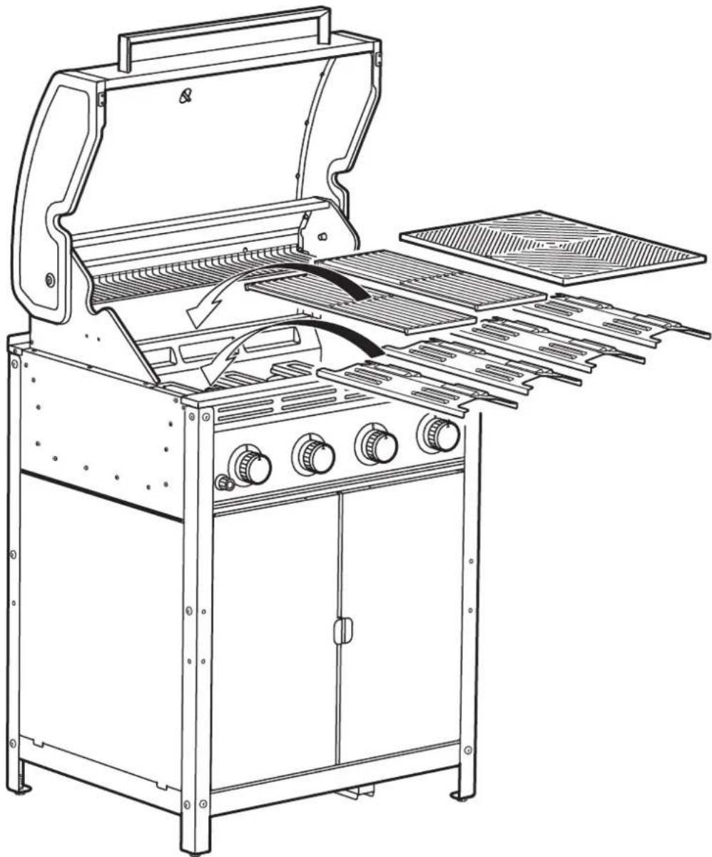 Dessin au trait d'un brûleur de cuisinière à gaz avec porte ouverte, montrant la grille interne et les ailettes de refroidissement (sans texte ni étiquettes)