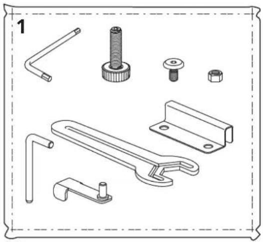 Dessin technique de diverses pièces mécaniques, y compris une clé, un écrou et une vis (sans texte ni symboles).