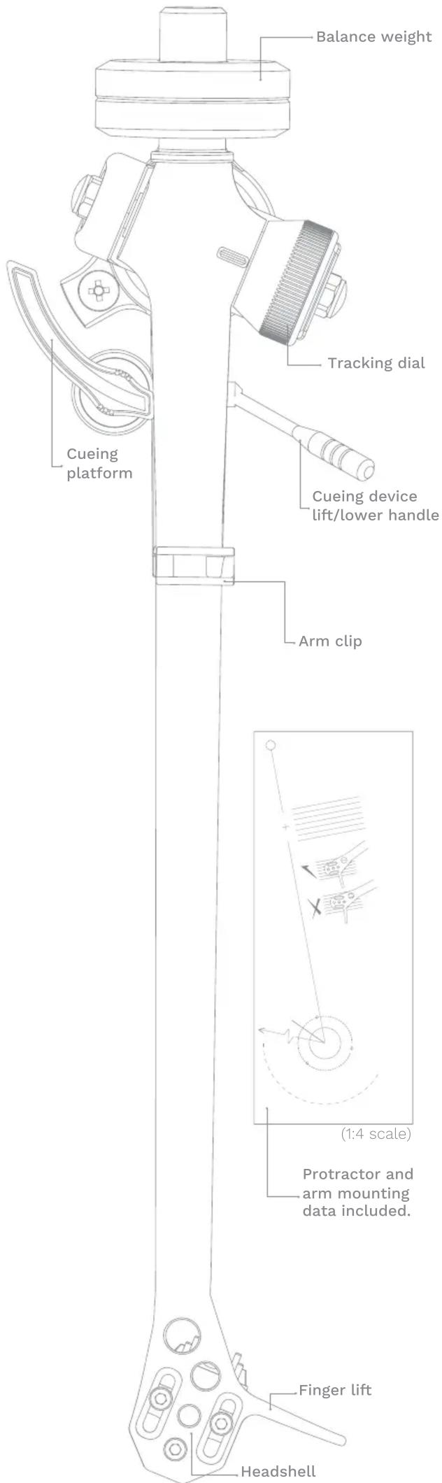 Balance weight Tracking dial Cueing platform Cueing device lift/lower handle Arm clip (1:4 scale) Protractor and arm mounting data included. Finger lift Headshell