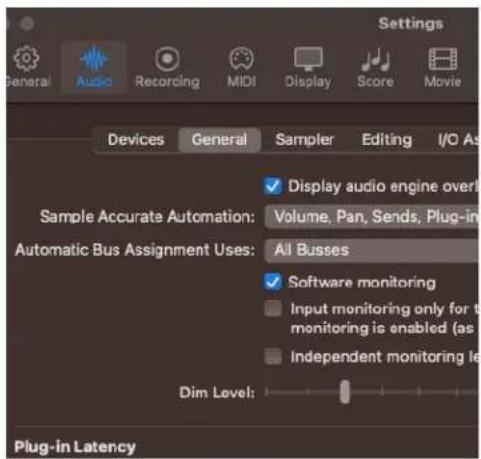 General Audio Recording MIDI Display Score Movie Settings Devices General Sampler Editing I/O As Sample Accurate Automation: Display audio engine over Volume, Pan, Sends, Plug-in Automatic Bus Assignment Uses: All Busses Software monitoring Input monitoring only for t monitoring is enabled (as Independent monitoring le Dim Level: Plug-in Latency