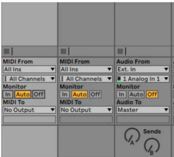 MIDI From All Ins All Channels Monitor In Auto Off MIDI To No Output MIDI From All Ins All Channels Monitor In Auto Off MIDI To No Output Audio From Ext. In 1 Analog In 1 Monitor In Auto Off Audio To Master Sends