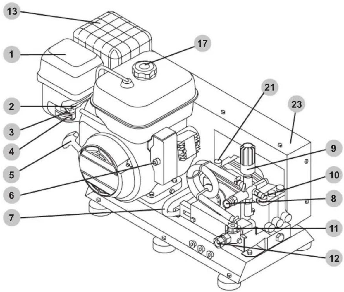 Technical diagram of a mechanical device with numbered components for identification