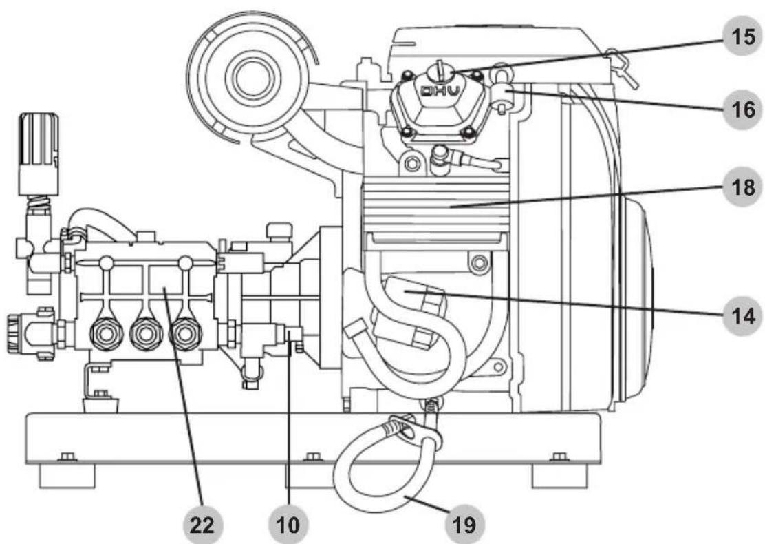 Technical diagram of a mechanical device with numbered parts labeled 14 to 22