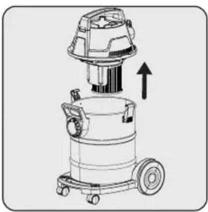 Line drawing of a vacuum cleaner with an upward arrow indicating motion.
