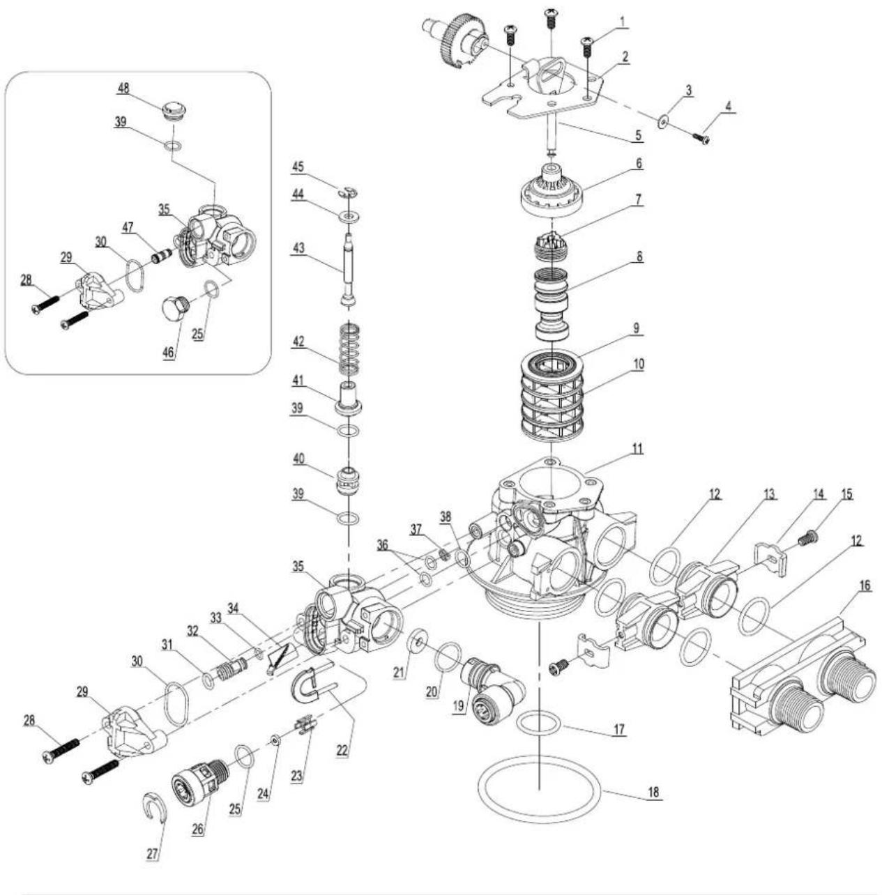 Exploded view diagram of a mechanical assembly with numbered parts and detailed exploded views